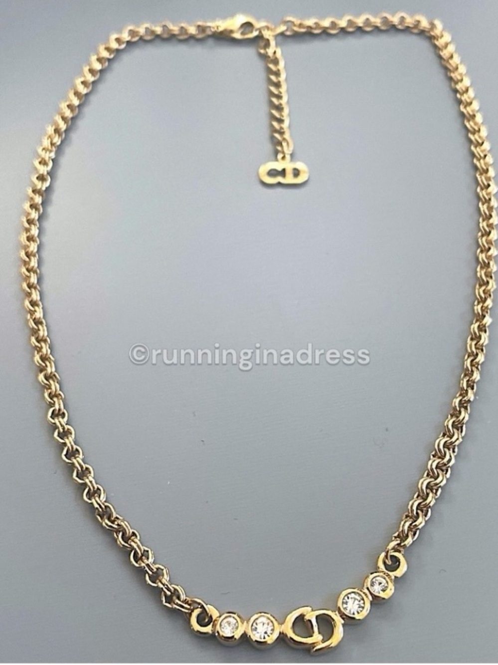 Vintage Christian Dior Crystal CD Logo Gold Choker Necklace Signed 1980s